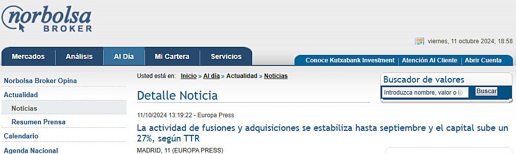 La actividad de fusiones y adquisiciones se estabiliza hasta septiembre y el capital sube un 27%, segn TTR